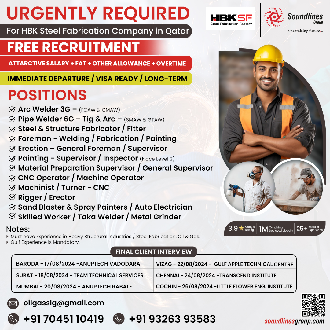 Urgently Required For Hbk Steel Fabrication Company In Qatar