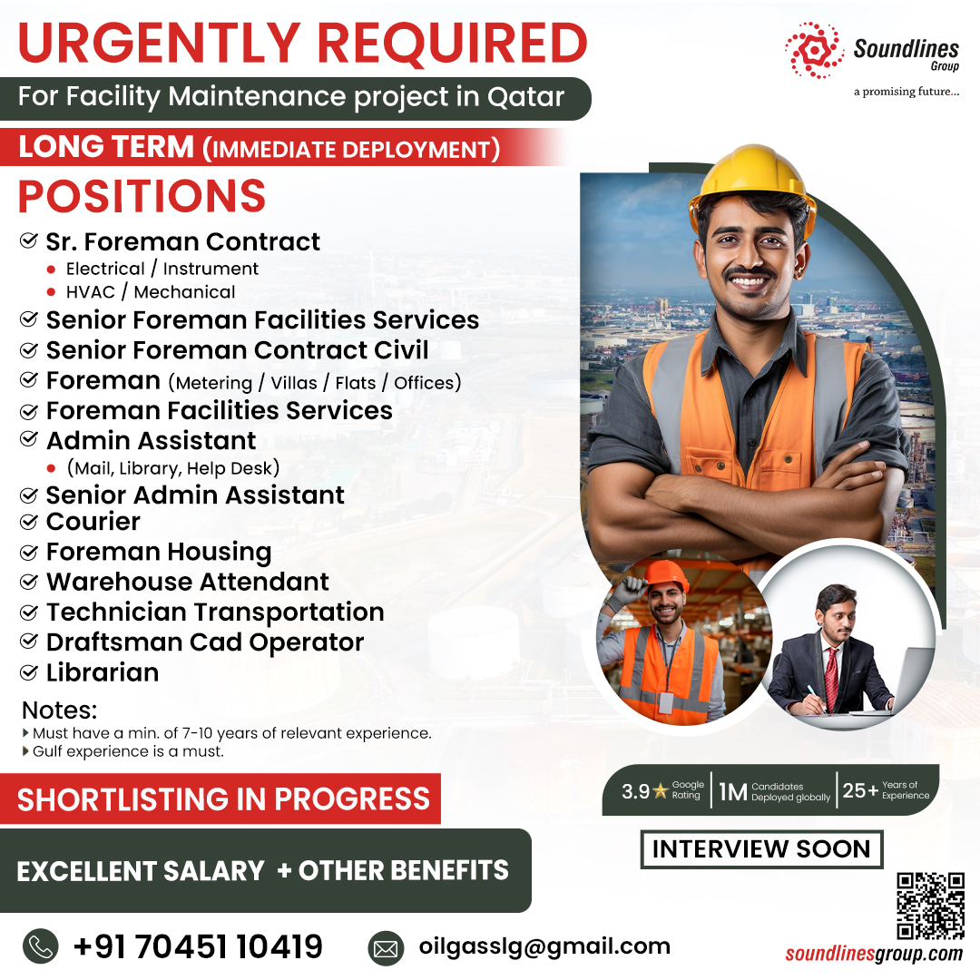  Urgently Required For Facility Maintenance project in Qatar